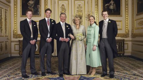 Harry, far left, joins a photo for his father's second marriage in 2005. After Harry, from left, are his brother; his father; his stepmother, Camilla; and Camilla's children, Laura and Tom Parker Bowles.