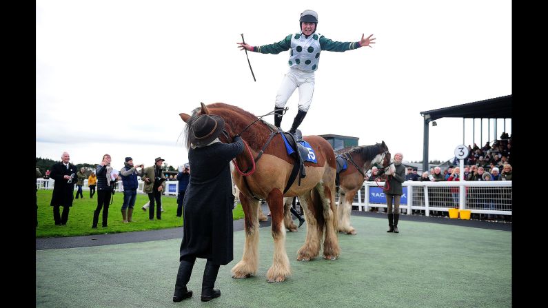 Bryony Frost celebrates atop Stobillee Sirocco after winning the Clydesdale Stakes in Exeter, England, on Sunday, November 26.