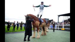 Frost celebrates on board Stobillee Sirocco after winning the Exeter Racecourse Clydesdale Stakes at Exeter Racecourse last year. 
