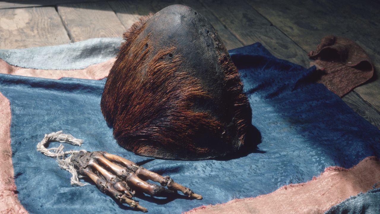 A preserved skull and hand said to be that of a Yeti or Abominable Snowman was on display at Pangboche monastery in April 1976. The hand was later stolen.