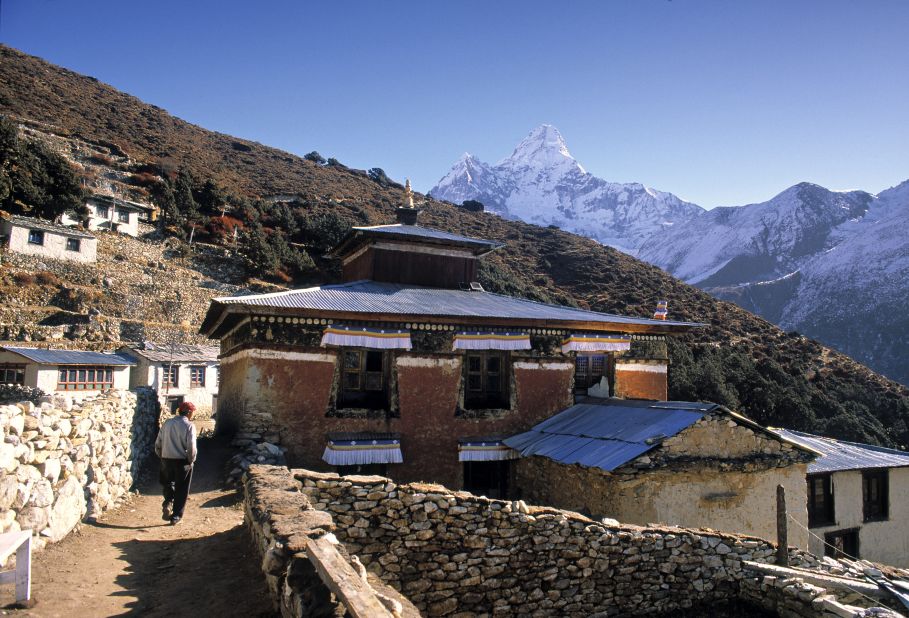 The founder of the Pangboche monastery in Khumbu, Nepal, with its beautiful view of Everest, was a hermit who, legend has it, was cared for by friendly Yetis that brought him food, fuel and drink.
