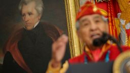 WASHINGTON, DC - NOVEMBER 27: (AFP OUT) A portrait of former President Andrew Jackson as Navajo code talker, Peter MacDonald speaks during an event hosted by President Donald Trump, honoring the Native American code talkers in the Oval Office of the White House, on November 27, 2017 in Washington, DC.