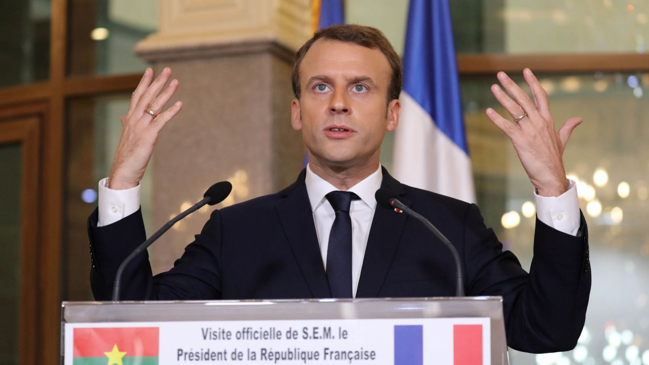 France's President Emmanuel Macron speaks during a press conferece Burkina Faso's President Roch Marc Christian Kabore at the Presidential Palace in Burkina Faso on November 28, 2017. / AFP PHOTO / POOL AND AFP PHOTO / LUDOVIC MARIN        (Photo credit should read LUDOVIC MARIN/AFP/Getty Images)