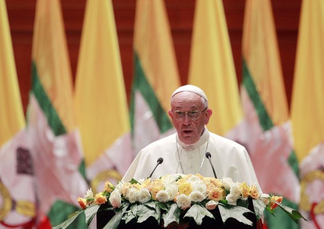 The Pope <a href="http://us.cnn.com/2017/11/28/asia/pope-speech-rohingya-myanmar/index.html" target="_blank">delivers a speech</a> to officials and Catholic devotees at the convention center in Naypyidaw, Myanmar, on November 28. The Pope told those gathered that "the arduous process of peace-building and national reconciliation can only advance through a commitment to justice and respect for human rights," according to a translation provided by the Vatican.