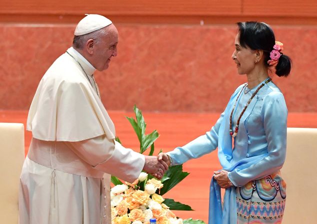 The Pope shakes hands with Myanmar's state counselor and foreign minister, Aung San Suu Kyi, during a meeting on Tuesday, November 28,.