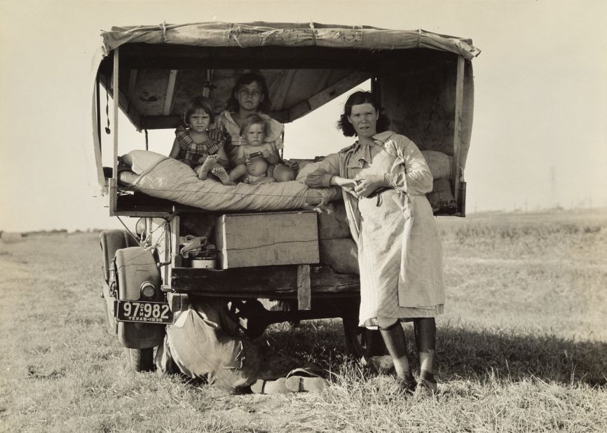 During the Great Depression, photographer Dorothea Lange documented the lives of migrant farm workers and their families as they tried to escape the terrible drought in the nation's Dust Bowl. Working with a waist-height viewfinder on her camera, Lange interacted with her subjects and listened to their stories as she took their pictures -- as in this image of a weary mother and her three children. 