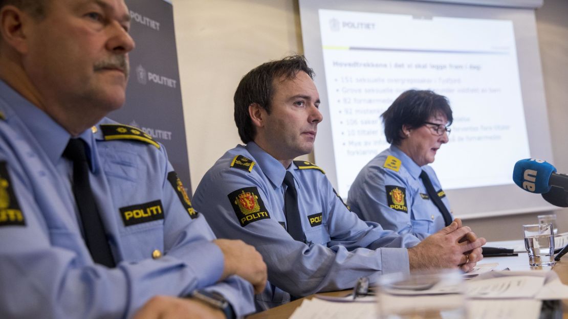 Norwegian police officials Aslak Finvik, Oeyvind A. Rengard and Tone Vangen (left to right) spoke to the press on Tuesday about the investigation.