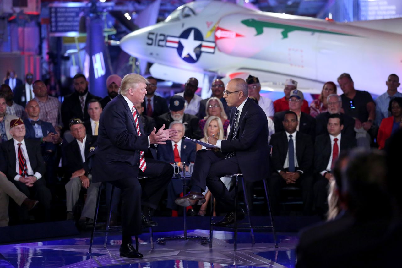 Then-presidential candidate Donald Trump speaks to Lauer during the Commander-In-Chief Forum in New York in September 2016.