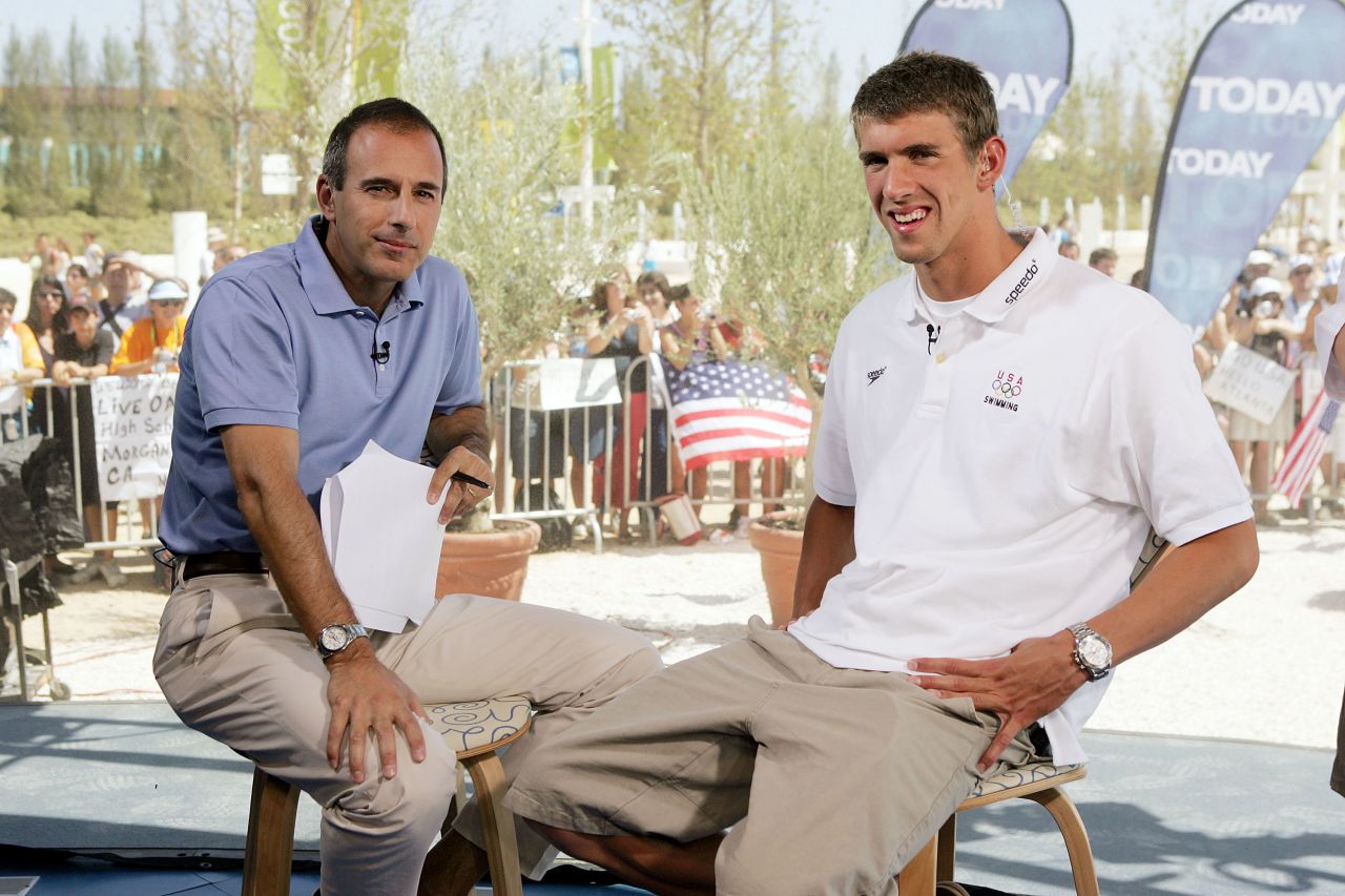 Lauer interviews swimmer Michael Phelps on the set of "Today" in Athens, Greece, during the 2004 Olympic Games.