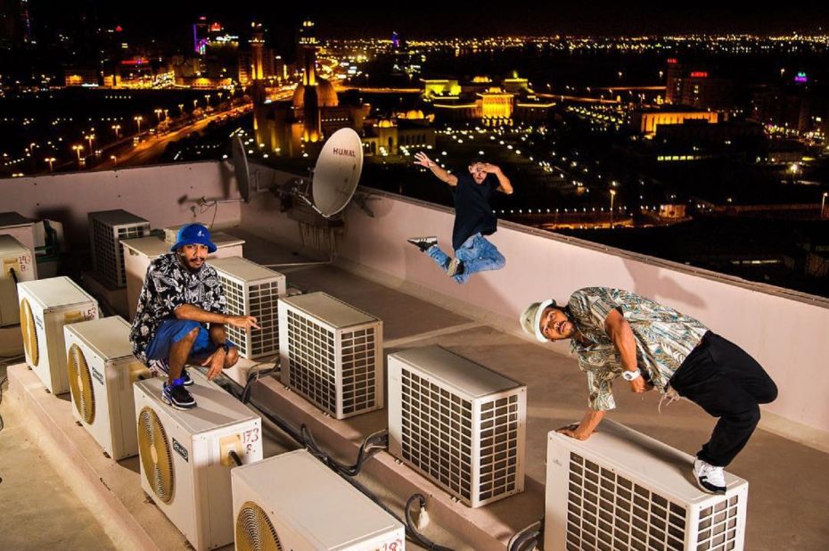 Breakdancers from Bahrain show off their skills on a rooftop. Mackenzie says that people in the Middle East are often "depicted as either victims or proponents of violence."