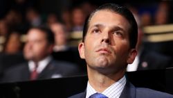 CLEVELAND, OH - JULY 18:  Donald Trump Jr. listens to a speech on the first day of the Republican National Convention on July 18, 2016 at the Quicken Loans Arena in Cleveland, Ohio. (John Moore/Getty Images)