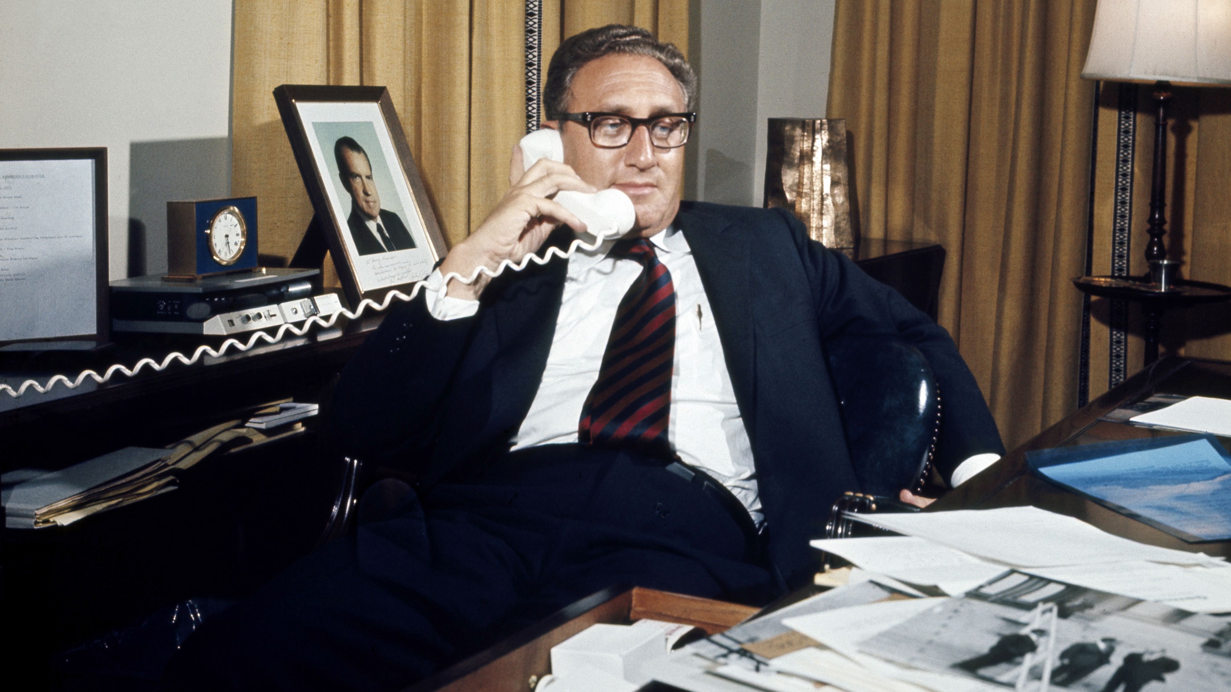 Kissinger takes a call in his office in the early 1970s.