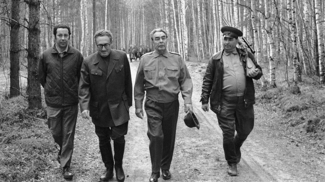 Kissinger, second from left, walks with Leonid Brezhnev, secretary-general of the Soviet Communist Party, in 1973.