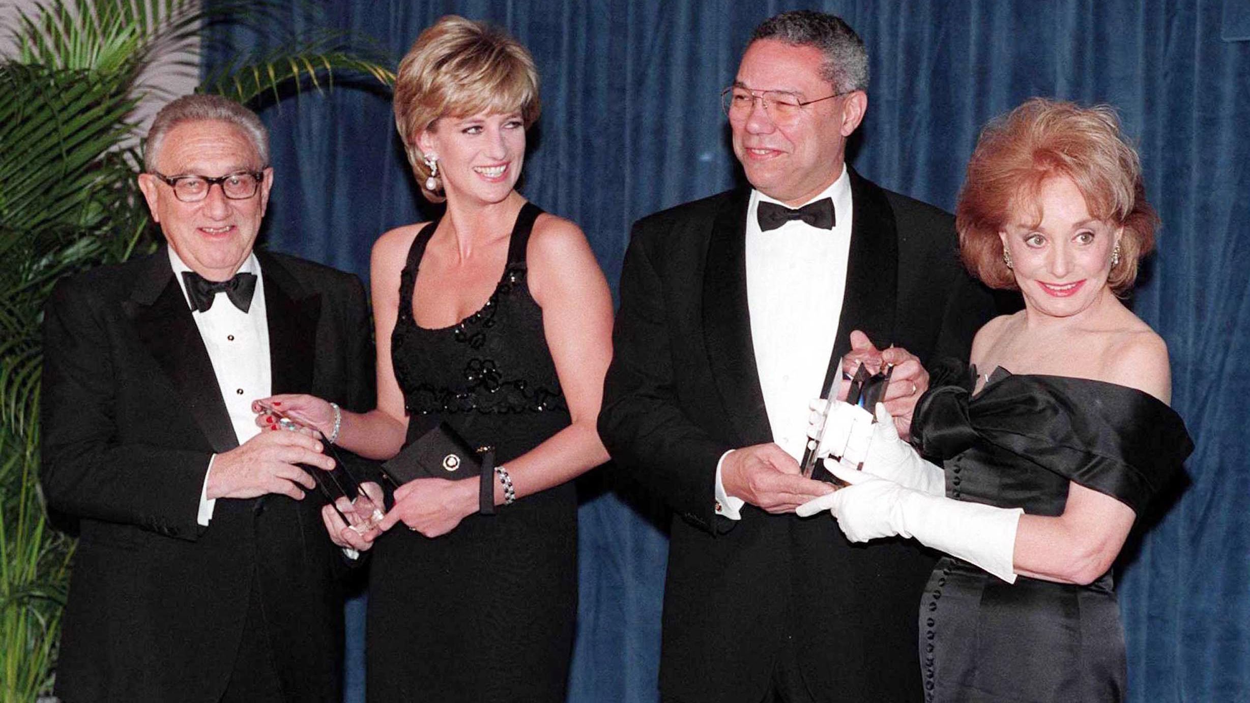 From left, Kissinger, Princess Diana, Colin Powell and Barbara Walters attend the United Cerebral Palsy annual dinner in New York in 1995. Diana received a humanitarian award.