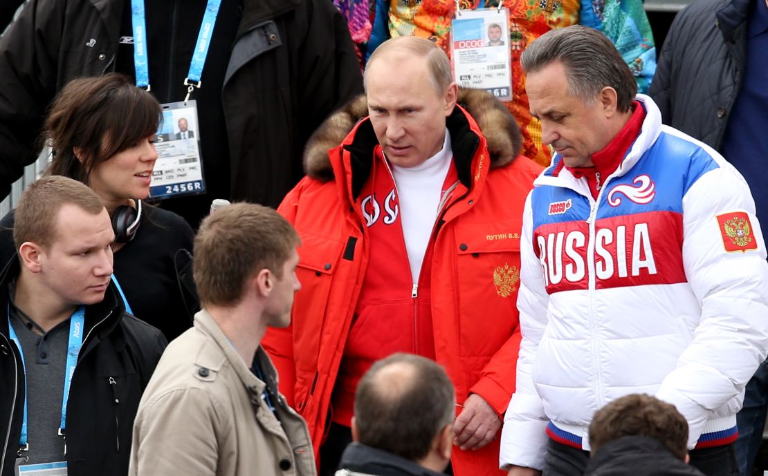 Russian President Vladimir Putin alongside former Minister of Sport Vitaly Mutko at the 2014 Winter Paralympics in Sochi, Russia.