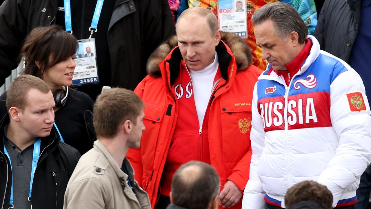 Russian President Vladimir Putin alongside former Minister of Sport Vitaly Mutko at the 2014 Winter Paralympics in Sochi, Russia.