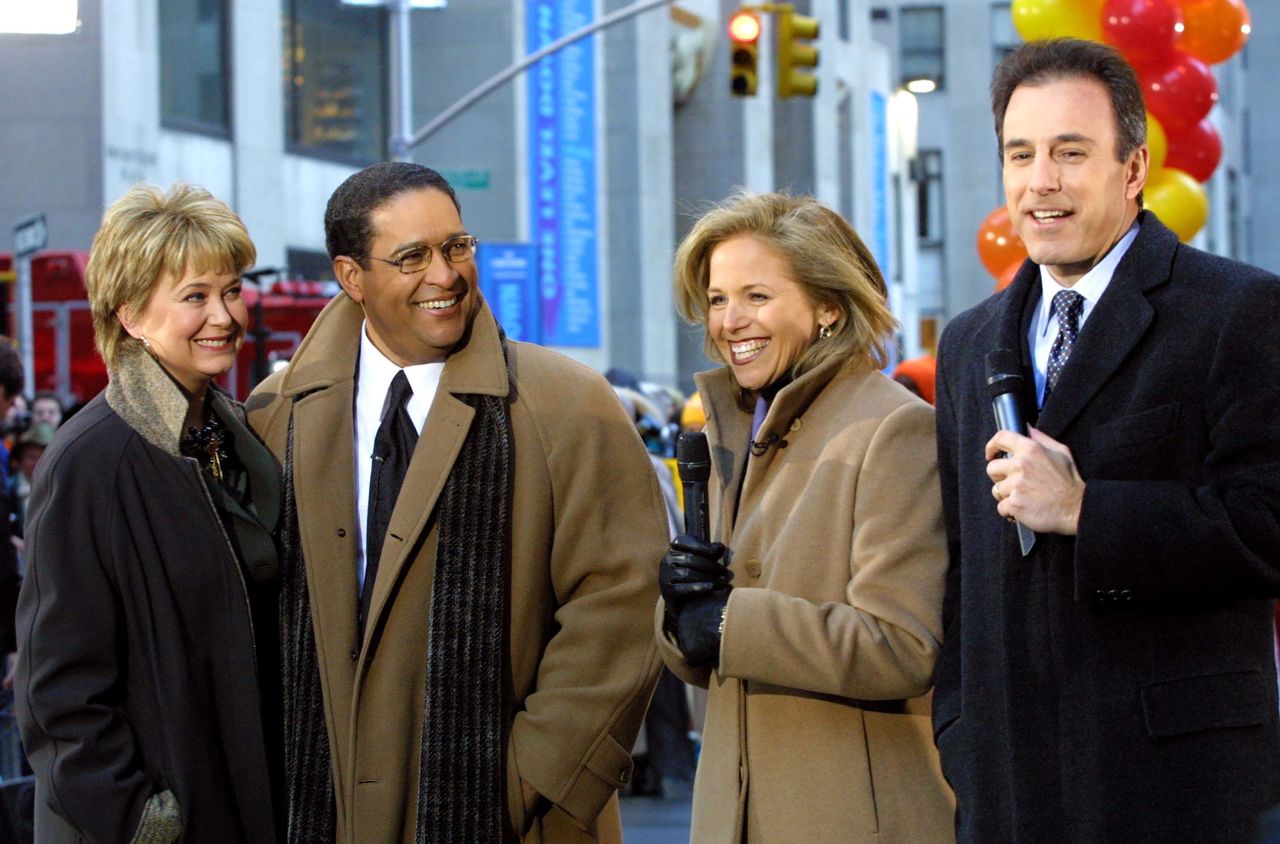 Former NBC "Today" show hosts Jane Pauley, left, and Bryant Gumbel, second from left, appear with hosts Katie Couric and Matt Lauer at Rockefeller Plaza in New York during a three-hour retrospective observing the show's 50th anniversary in January 2002.