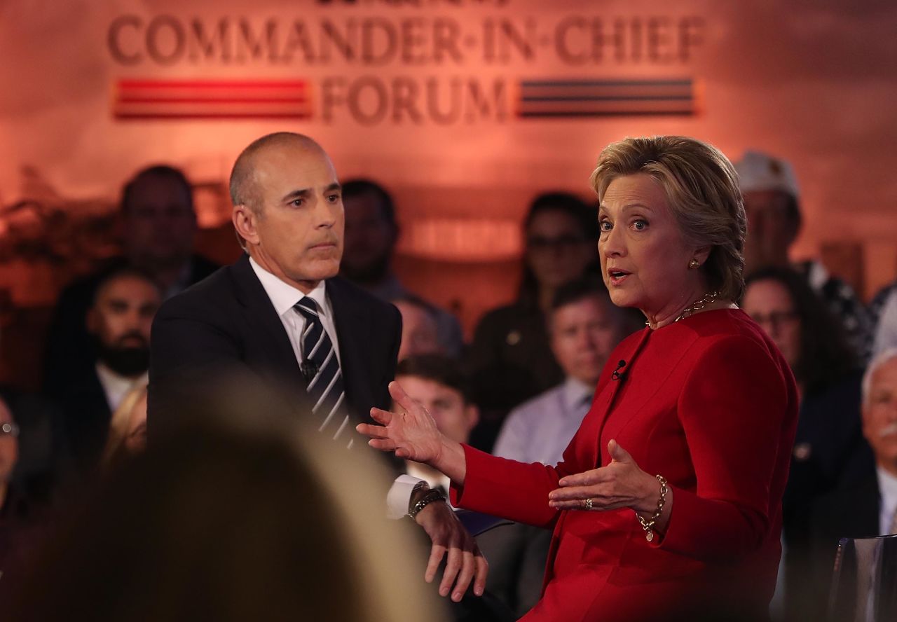 Lauer looks on as then-Democratic presidential nominee and former Secretary of State Hillary Clinton speaks during the NBC News Commander-in-Chief Forum in New York in September 2016.