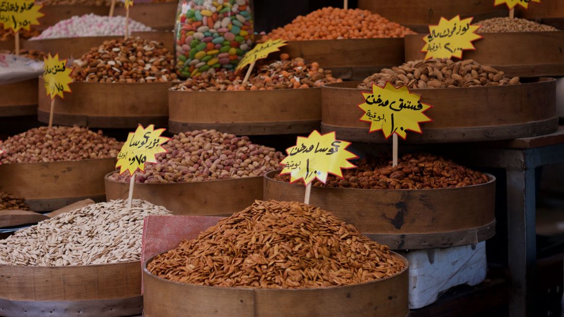 <strong>So many nuts and seeds: </strong>Piles of roasted nuts and seeds are for sale in an Amman market. The popular snacks come in sweet and savory varieties, and are roasted on-site in metal tumblers.<br />