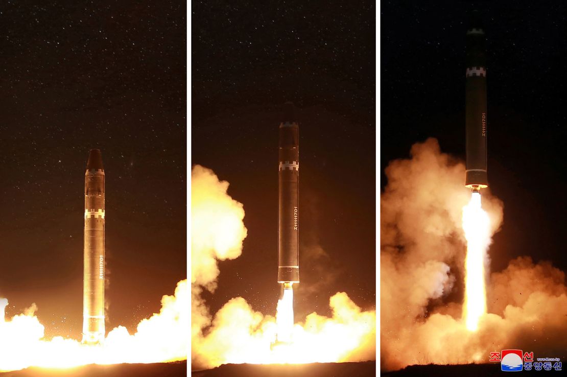 Photos released by North Korean state media show Wednesday's launch of the Hwasong-15 ICBM. 