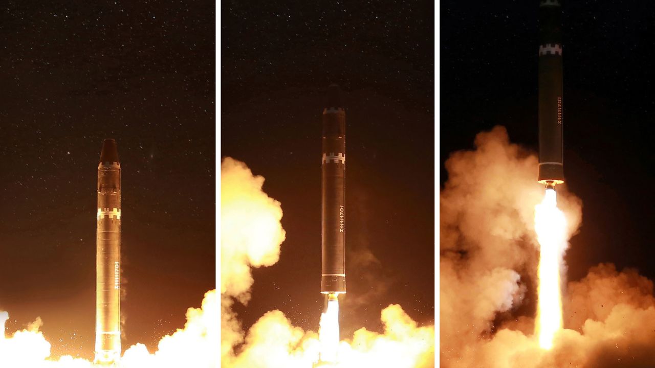 Photos released by North Korean state media show Wednesday's launch of the Hwasong-15 ICBM.