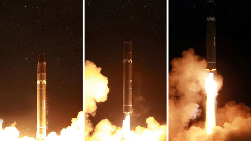 This combination of Wednesday, Nov. 29, 2017, images provided by the North Korean government on Thursday, Nov. 30, 2017, shows what the North Korean government calls the Hwasong-15 intercontinental ballistic missile, in North Korea. Independent journalists were not given access to cover the event depicted in this image distributed by the North Korean government. The content of this image is as provided and cannot be independently verified. Korean language watermark on image as provided by source reads: "KCNA" which is the abbreviation for Korean Central News Agency. (Korean Central News Agency/Korea News Service via AP)