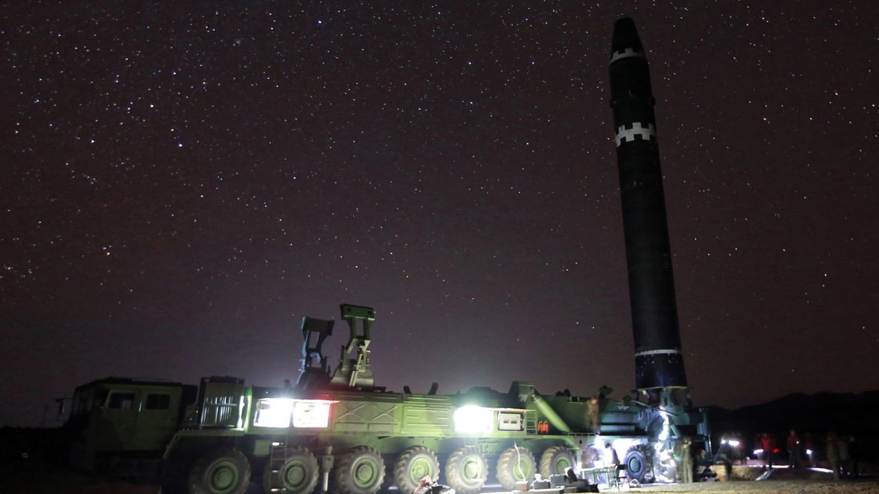 This image provided North Korean government on Thursday, Nov. 30, 2017, shows what the North Korean government calls the Hwasong-15 intercontinental ballistic missile. It appears to use a long exposure to capture the stars. 