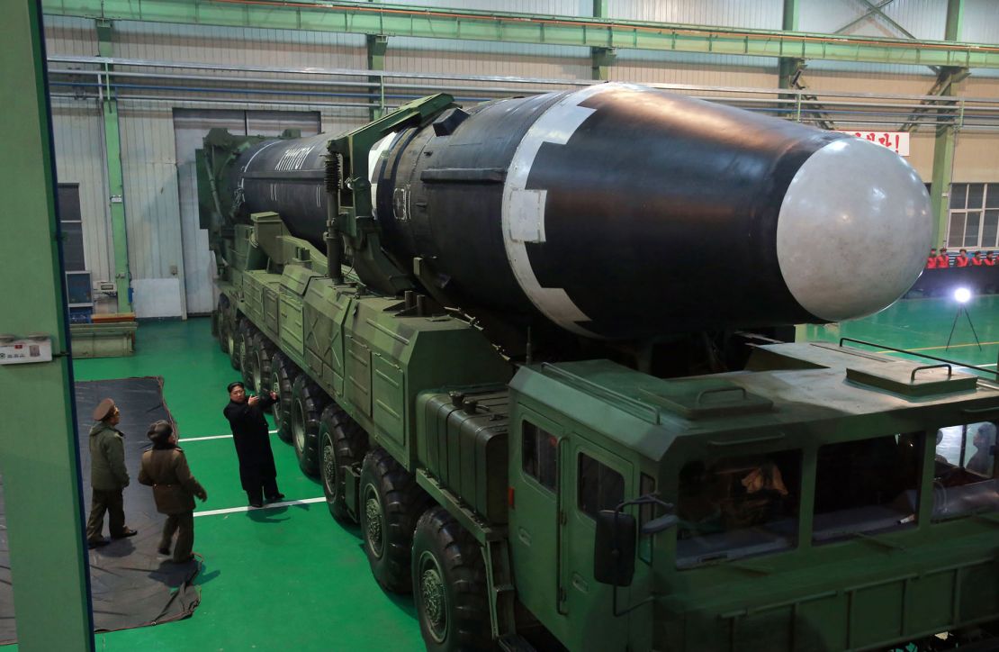 North Korean leader Kim Jong Un inspects the Hwasong-15 before its launch Wedneday. 
