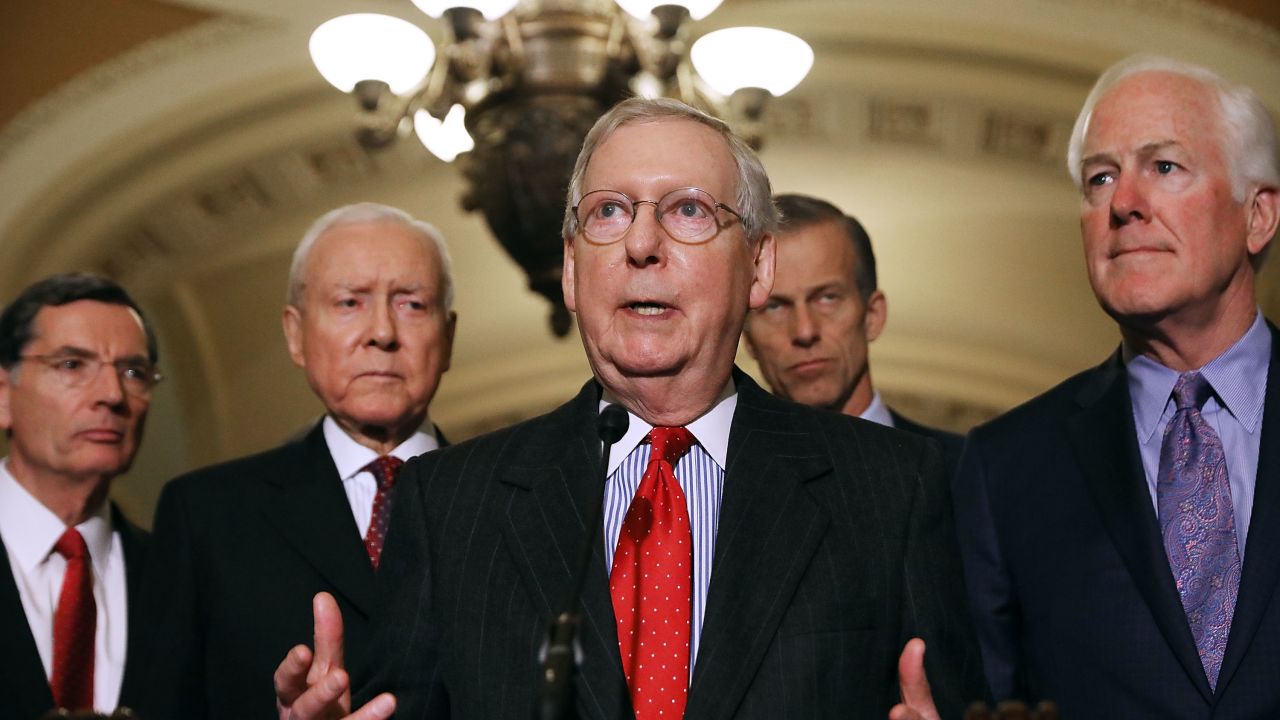 WASHINGTON, DC - NOVEMBER 28: (L-R) Sen. John Barrasso (R-WY), Senate Finance Committee Chairman Orrin Hatch (R-UT), Senate Majority Leader Mitch McConnell (R-KY), Sen. John Thune (R-SD) and Senate Majority Whip John Cornyn (R-TX) talk with reporters following the weekly Senate Republican Policy Committee luncheon in the U.S. Capitol November 28, 2017 in Washington, DC. Republicans in the Senate hope to pass their tax cut legislation this week and work with the House of Representatives to get a bill to President Donald Trump before Christmas. (Photo by Chip Somodevilla/Getty Images)
