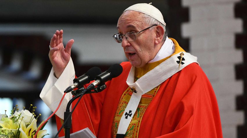 Pope Francis leads mass at the St. Mary's Cathedral in Yangon on November 30, 2017.
The "moral authority" of Pope Francis is undiminished despite his failure to address the Rohingya crisis head-on during a visit to Myanmar, the Vatican said late November 29, defending a papal trip framed by the plight of the Muslim minority. / AFP PHOTO / Vincenzo PINTO (Photo credit should read VINCENZO PINTO/AFP/Getty Images)