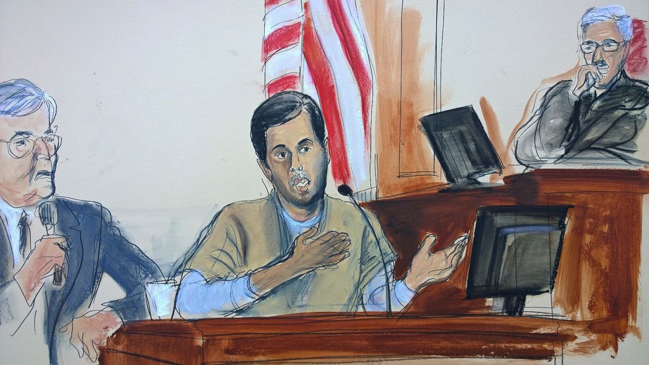 In this courtroom sketch, Turkish-Iranian gold trader Reza Zarrab, center, testifies before Judge Richard Berman, right.