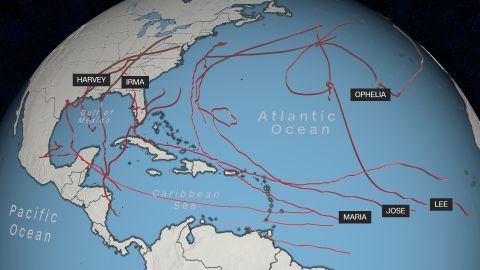 This map shows the paths of hurricanes from the 2017 season.