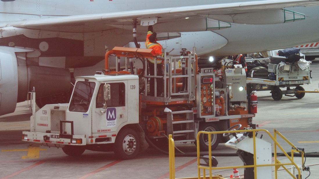 <strong>Thirsty work: </strong>Big tanker trucks connect to the plane's fuel system under the wing, or a pumper truck will hook up to a fuel hydrant in the ramp, then to the jet's tanks, and pump away.