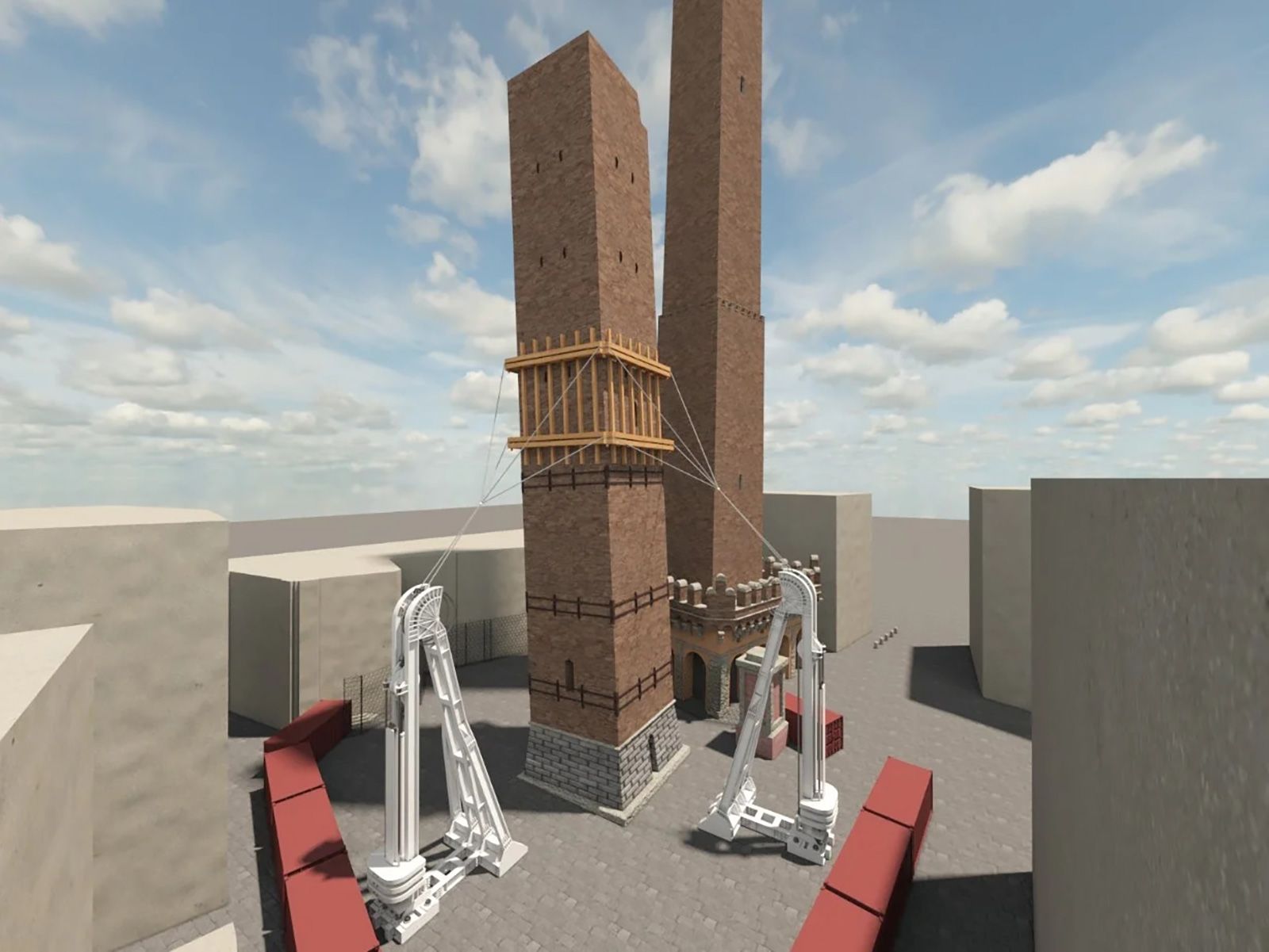 A rendering showing how the equipment from the Tower of Pisa will be used on the Garisenda tower.