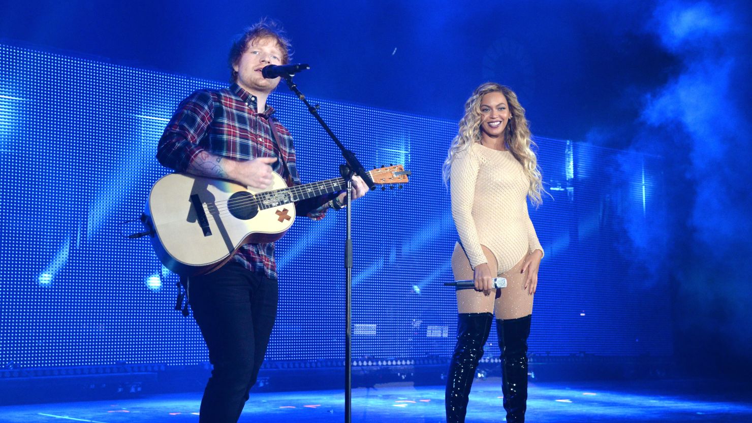 Ed Sheeran and Beyoncé during 2015 Global Citizen Festival to end extreme poverty by 2030. 