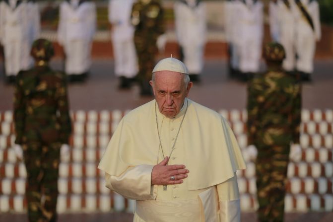 Pope Francis pays his respects to those who died in the 1971 war for independence at the National Martyrs' Memorial in Savar near Dhaka on Thursday, November 30.