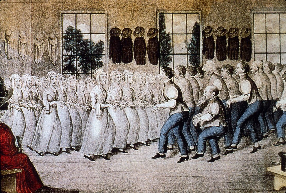 Members of the United Society of Believers in Christ's Second Coming Quaker sect -- also known as the Shaker movement -- perform a religious dance circa 1835.