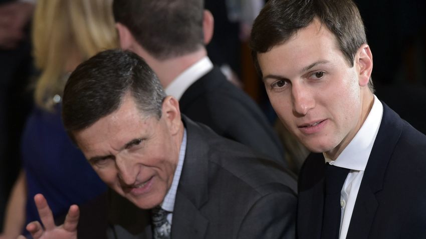 US National Security Advisor Michael Flynn (L) and Jared Kushner, senior White House adviser, wait before a joint press conference between Canada's Prime Minister Justin Trudeau and US President Donald Trump in the East Room of the White House on February 13, 2017 in Washington, DC.
Flynn, accused of inappropriate contacts with a foreign government and of misleading the US vice president, resigned on February 13, 2017. / AFP / MANDEL NGAN (Photo credit should read MANDEL NGAN/AFP/Getty Images)