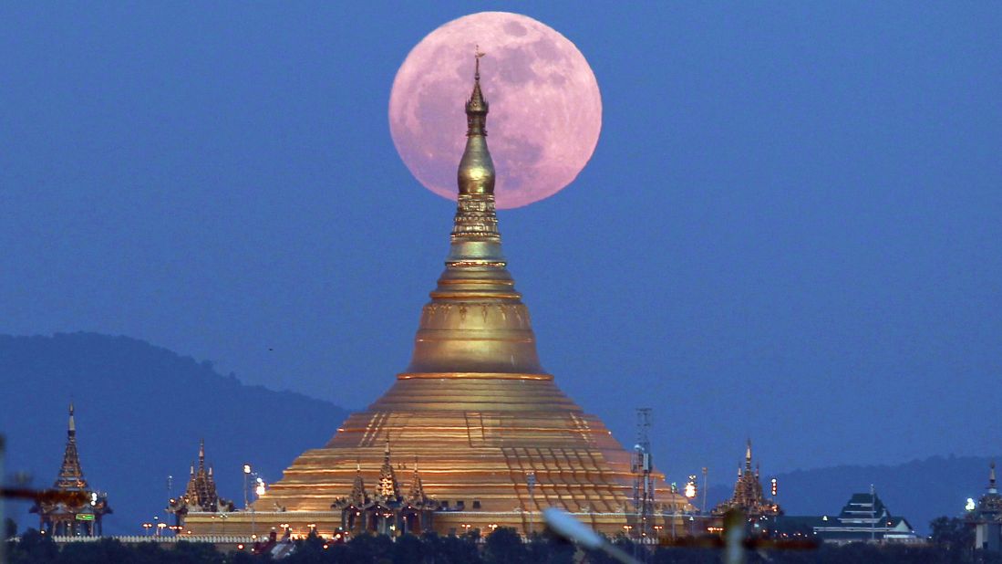The moon rises behind the Uppatasanti Pagoda seen in Naypyitaw, Myanmar, on Sunday, Dec. 3, 2017. It was the only supermoon of the year and the first of three consecutive supermoons. The next two will occur on Jan. 1 and Jan. 31.