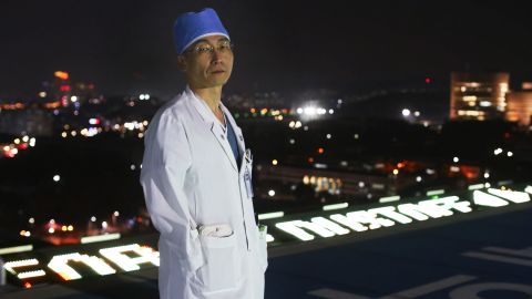 Dr. Lee Cook-Jong on the hospital's rooftop helipad.