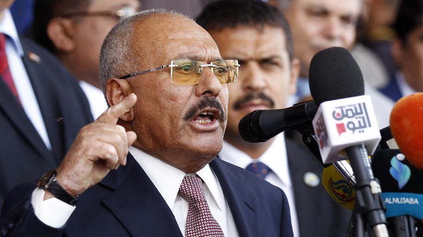 Yemen's ex-president Ali Abdullah Saleh gives a speech addressing his supporters during a rally as his General People's Congress party, marks 35 years since its founding, at Sabaeen Square in the capital Sanaa on August 24, 2017. 
The rally comes amid reports that armed supporters of Saleh and the head of the country's Huthi rebels, who have been allied against the Saudi-backed government since 2014, had spread throughout the capital as tensions are rising between the two sides. / AFP PHOTO / MOHAMMED HUWAIS        (Photo credit should read MOHAMMED HUWAIS/AFP/Getty Images)