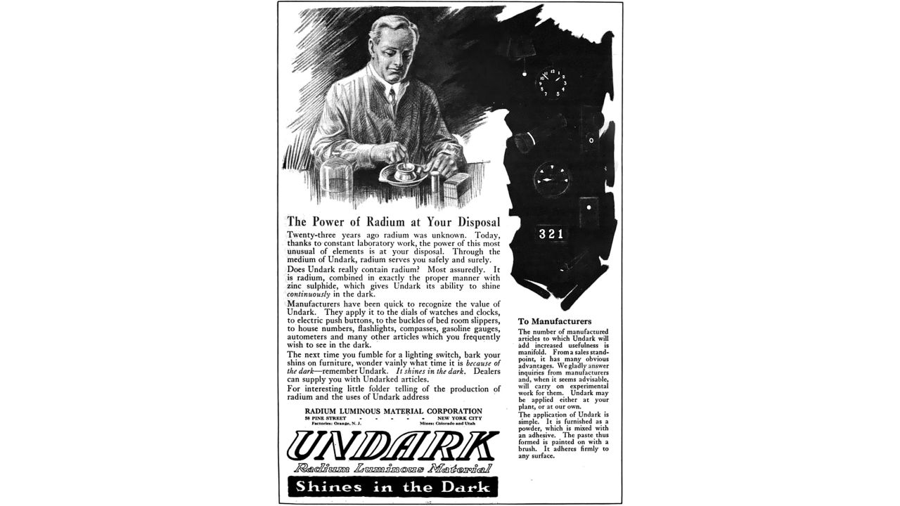 A 1921 advertisement for Undark, a product of the Radium Luminous Material Corporation that was involved in the Radium Girls scandal.