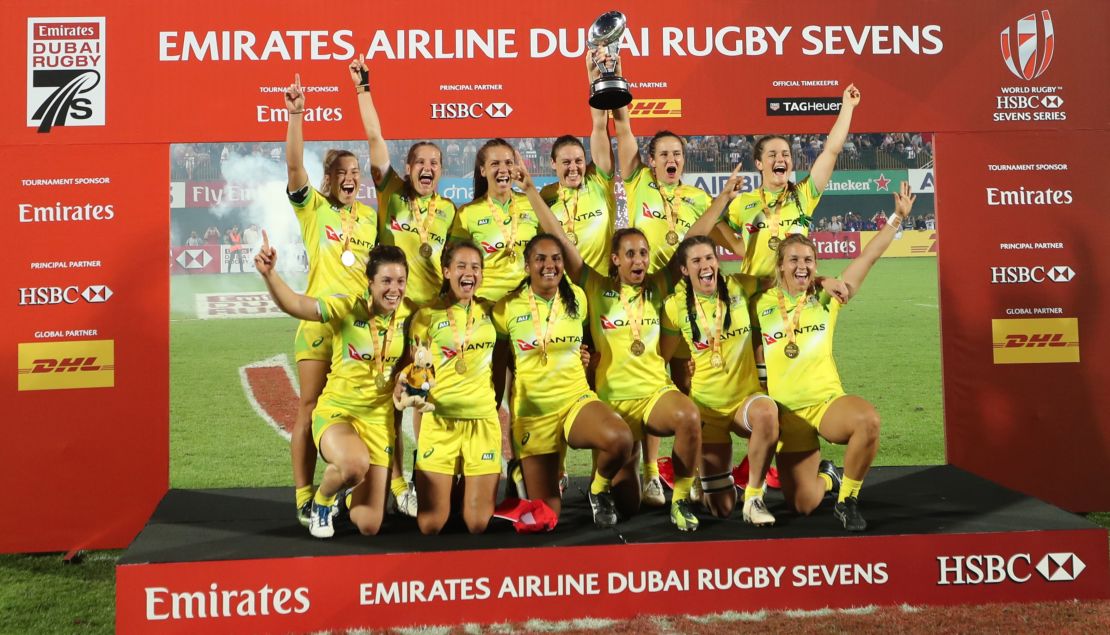 Australia Sevens celebrate winning the first leg of the 2018 Women's World Series. 