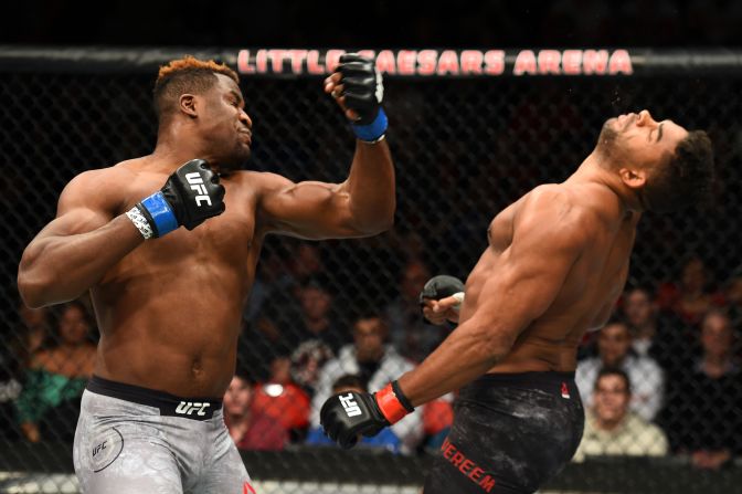 Francis Ngannou knocks out Alistair Overeem during their UFC fight in Detroit on Saturday, December 2. The fight was stopped at the 1:42 mark of round one.