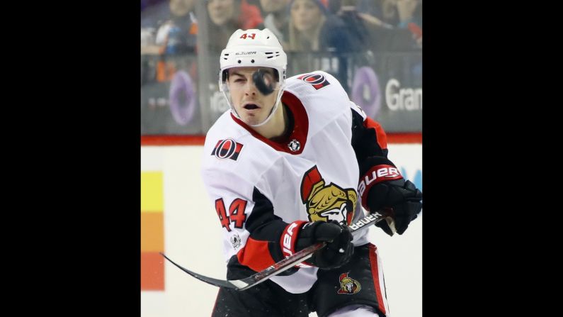 Ottawa's Jean-Gabriel Pageau shoots the puck during an NHL game in New York on Friday, December 1.