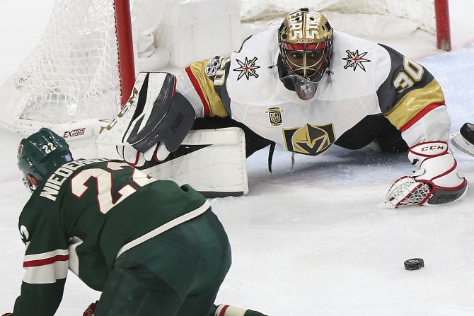 Vegas goalie Malcolm Subban eyes the puck during an NHL game in St. Paul, Minnesota, on Thursday, November 30. 