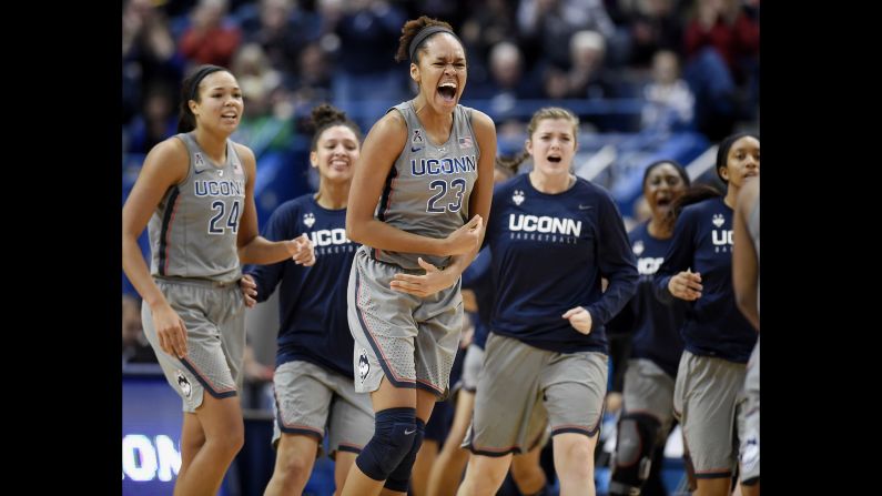 Connecticut's Azura Stevens, center, reacts during the Huskies' 80-71 victory over Notre Dame on Sunday, December 3. Both the teams came into the game undefeated.