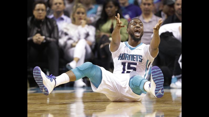 Charlotte's Kemba Walker argues for a foul during an NBA game against Orlando on Monday, December 4.