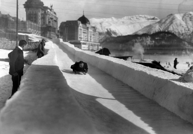 <strong>Thrills and spills:</strong> The Cresta Run (pictured in 1904) plunges 157 meters from the town to nearby Celerina, with riders lying head first and steering and braking with rakes on their boots.