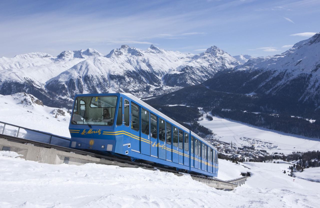 <strong>Cog railway: </strong>A funicular railway whisks skiers out of St. Moritz Dorf into the Corviglia ski area.
